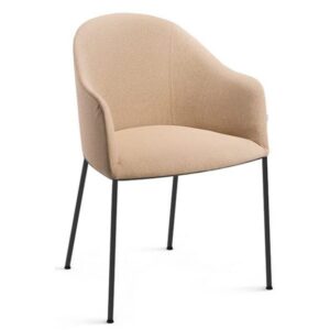 Pop side chair with beige upholstered seat and back, featuring a slim black four-legged metal frame.