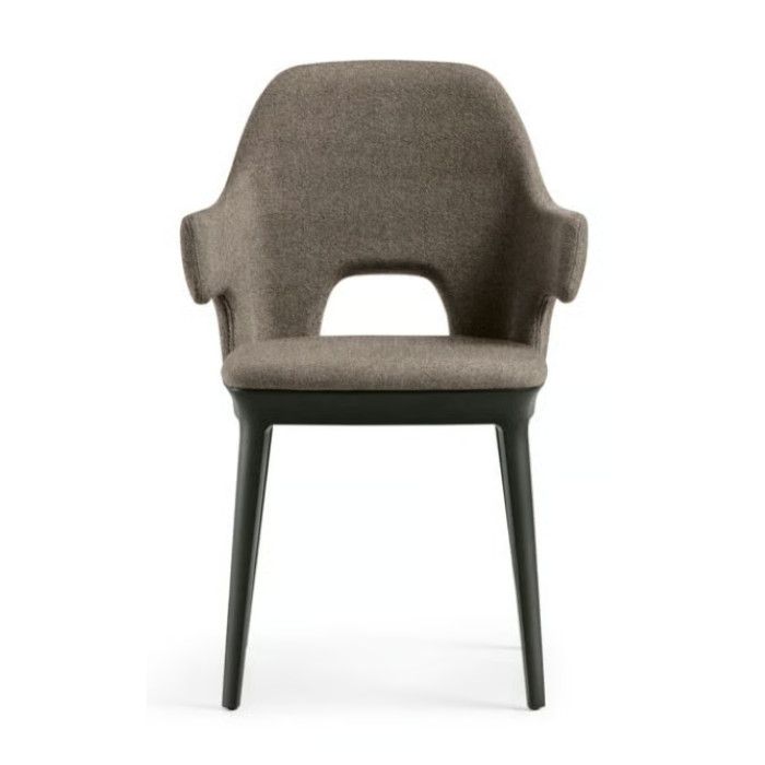 Direct frontal view of the Relay Open Back Armchair, featuring brown fabric upholstery and a minimalist black wood frame.