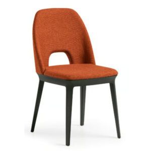 Relay Open Back Side Chair with burnt orange fabric upholstery and a sleek black wooden frame, viewed from the front.
