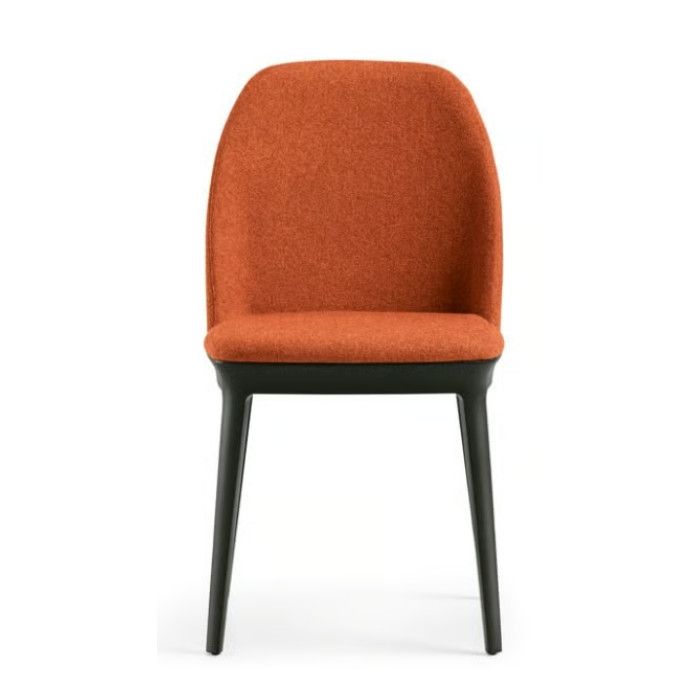 Direct straight-on view of the Relay Side Chair, showing its vibrant burnt-orange fabric seat against a dark wood base.