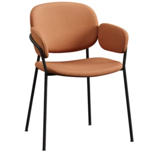 Riso armchair with terracotta upholstered seat, back, and armrests on a slim black metal four-legged frame.