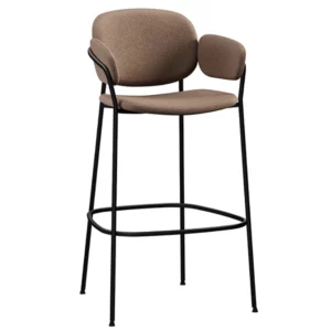 Riso barstool with a slim black metal frame and taupe upholstered seat, back, and armrests in a contemporary design.