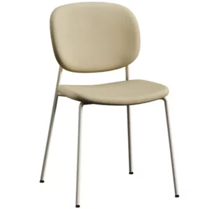 Riso Side Chair with a sleek beige upholstered seat and back on a minimalist white 4-legged metal frame.