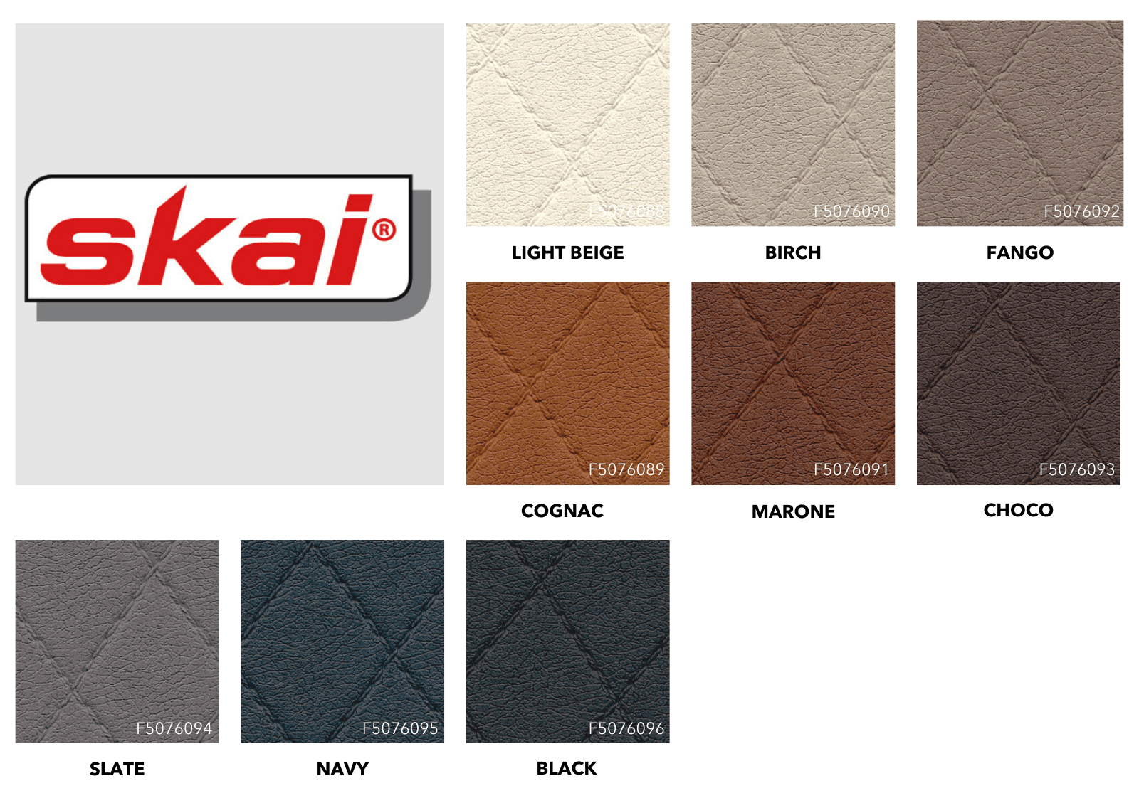 Skai Soroma faux leather collection featuring nine diamond-quilted swatches labeled with names and reference codes.