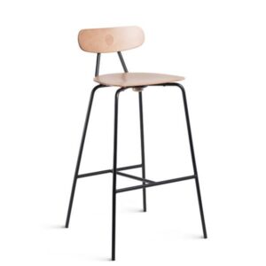 Skool barstool with a slim black metal frame and light wood contoured seat and back, shown in a three-quarter view.