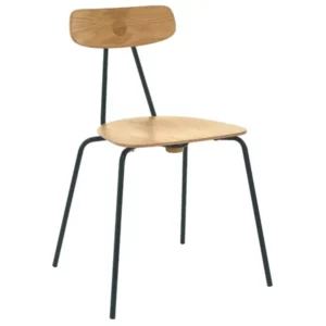 Skool Side Chair with a light wooden seat and backrest on a simple black four-legged metal frame, studio shot.