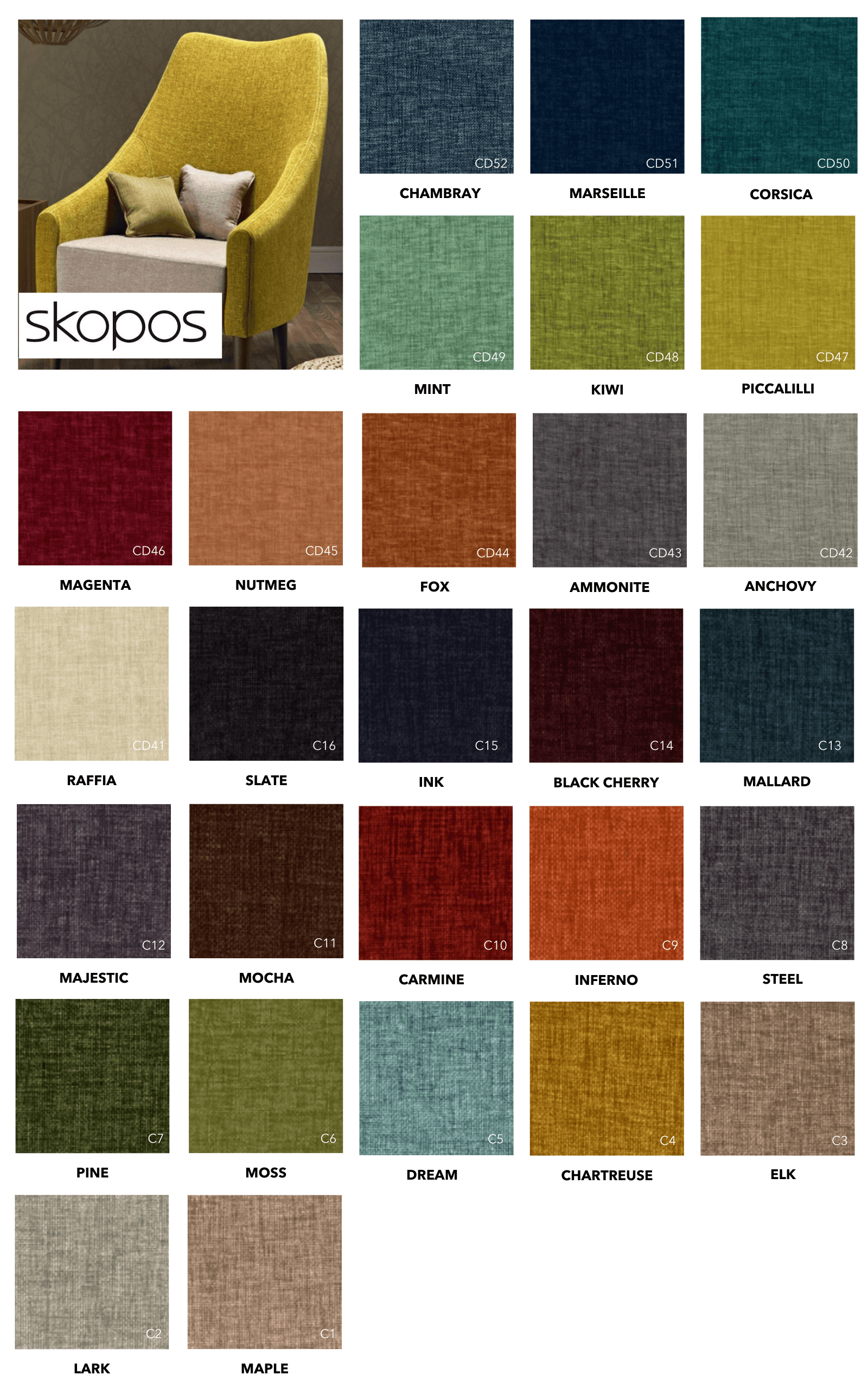 Skopos Marmotte collection shows a yellow armchair beside a grid of 40 labeled single colour woven fabric swatches.
