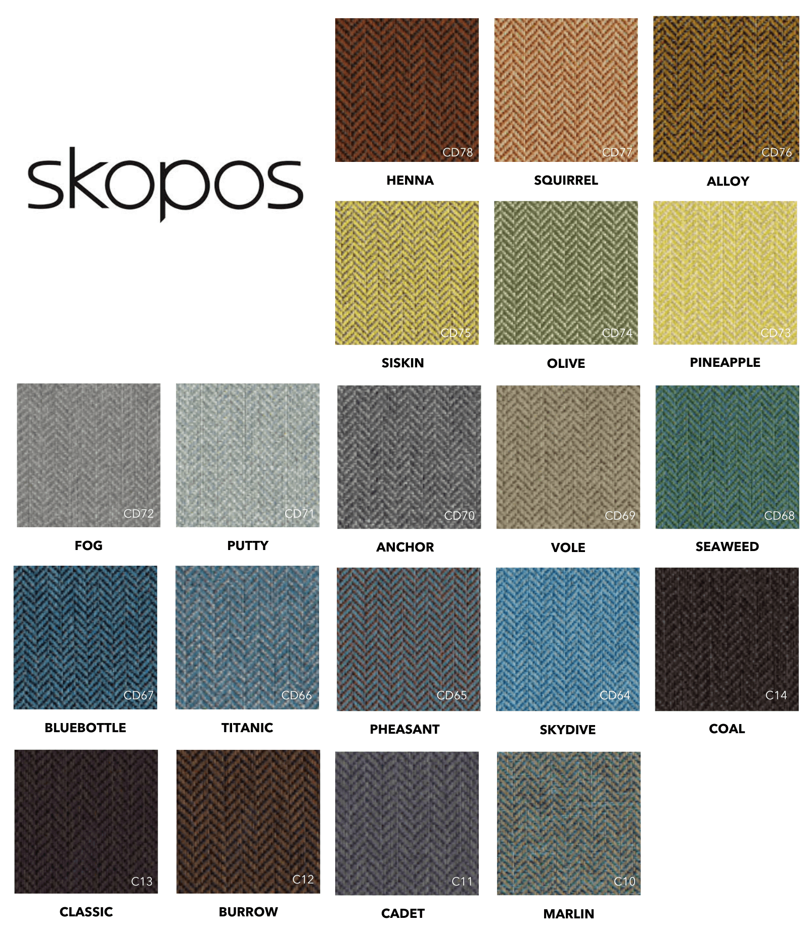 Skopos brand fabric collection featuring twenty-two distinct color swatches with traditional woven herringbone patterns.
