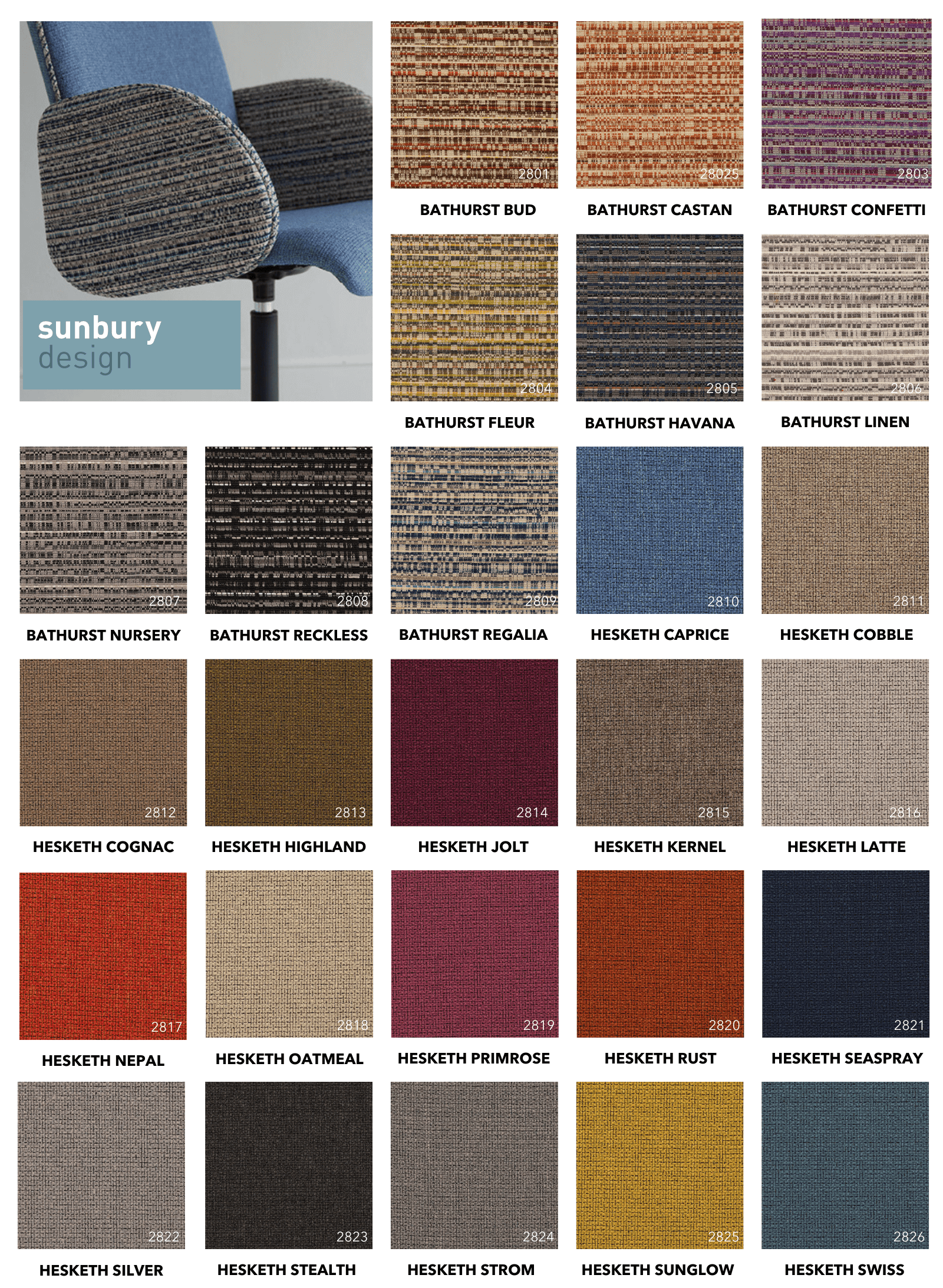 Sunbury Design Bathurst and Hesketh upholstery fabric swatches displayed as an abstract pattern grid.