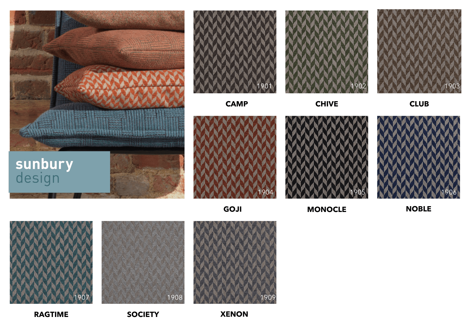 Sunbury Design Bohemia fabric collection showing stacked cushions and nine colorways of an abstract chevron weave.