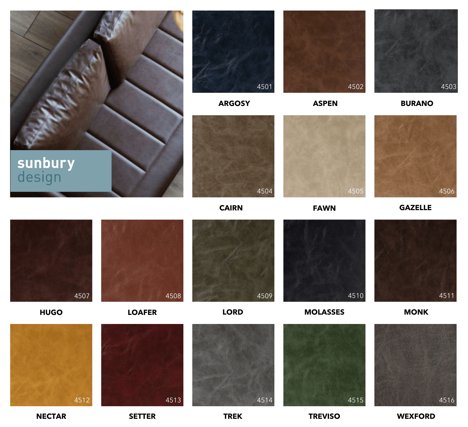 Sunbury Design Canyon faux leather collection shown as a grid of sixteen labeled color swatches with a sofa overlay.