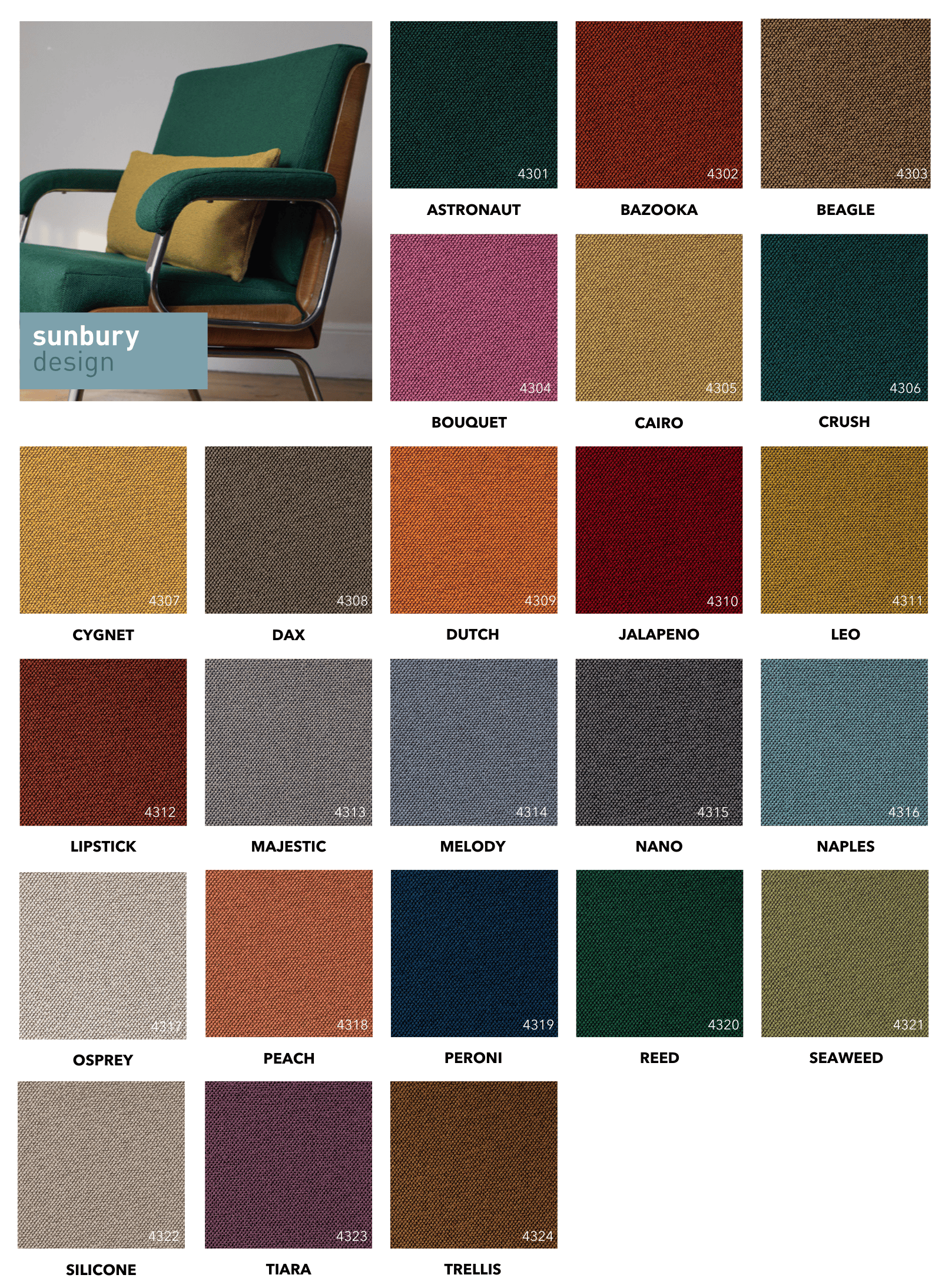 Sunbury Design Carson fabric collection grid displaying 24 color swatches labeled with names and reference numbers.