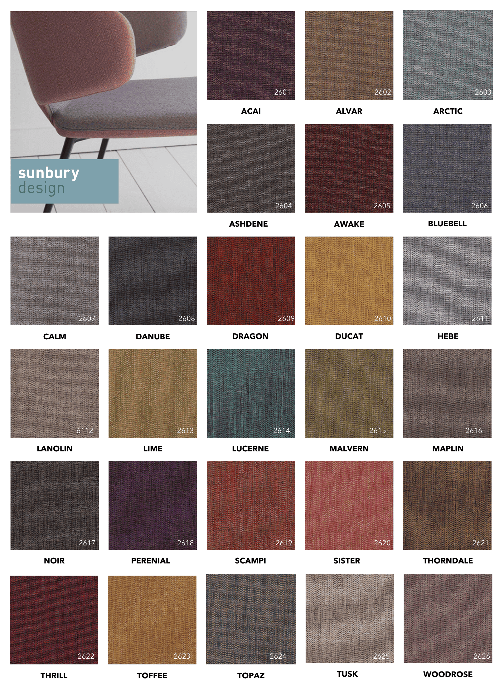 Sunbury Design Kelper collection grid displays 26 labeled single colour woven fabric swatches next to a mauve chair.