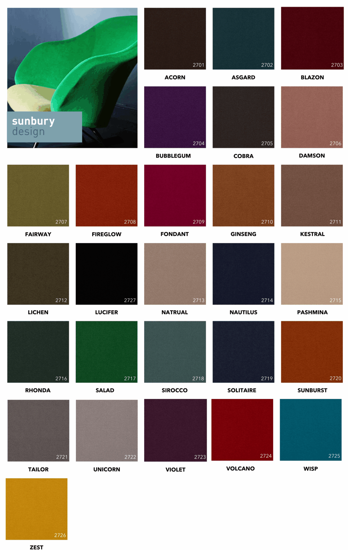Colorful plain velvet fabric swatches organized in a grid with Sunbury Design branding and a green upholstered chair.