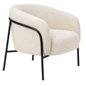 Swiss lounge chair featuring round off-white bouclé fabric upholstery on a slender black metal frame angled front-right.