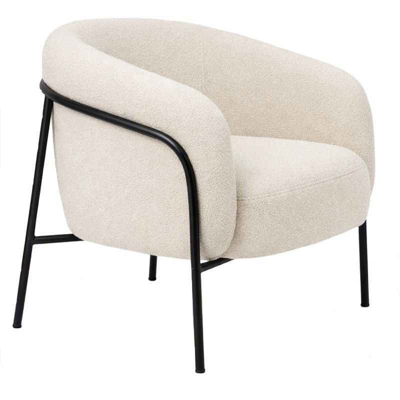 Swiss lounge chair featuring round off-white bouclé fabric upholstery on a slender black metal frame angled front-right.