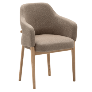 Trench Armchair with taupe textured fabric upholstery and light wood four-legged base, shown in a front three-quarter view.