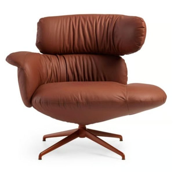 Studio shot of a Relay open back armchair in plush tan leather with an asymmetrical, curved design and star base.