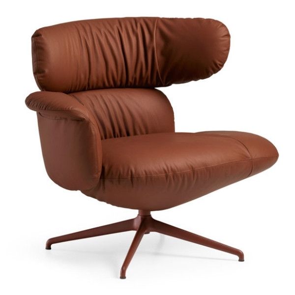 Relay open back armchair in brown leather with a modern pedestal base, shown from a side angle against a white background.