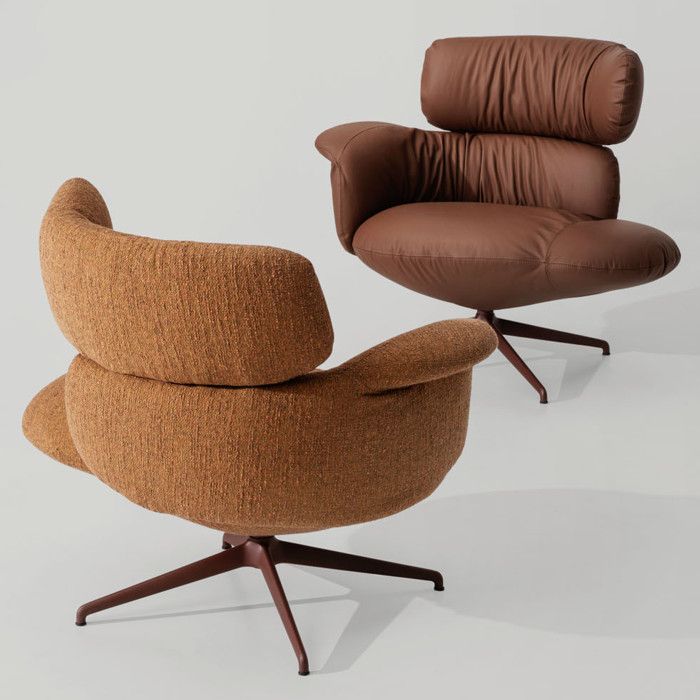 Front and back view of Relay open back armchairs featuring a brown leather piece and a textured amber fabric chair.