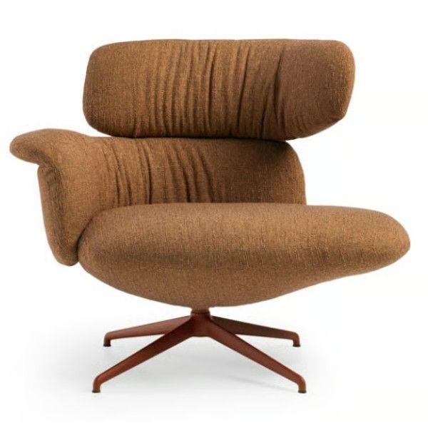 Close-up of the Relay open back armchair in brown textured fabric, highlighting the sculptural form and pedestal base.