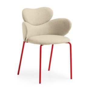 Vida armchair with beige upholstered seat and back on a bright red four-legged metal frame against a white background.