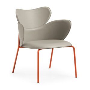 Vida Lounge Chair with light grey upholstered seat and back on a bright orange four-legged metal frame.