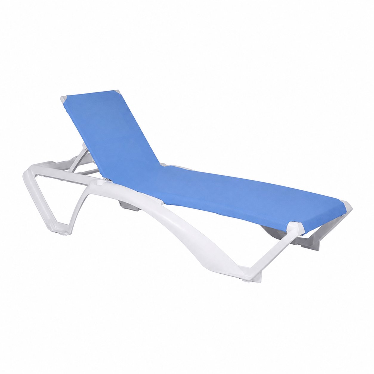Aqua Ray sun lounger with a white polypropylene frame and blue mesh fabric, shown in a side-angle view.