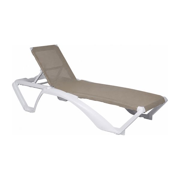 Top-down angled view of the Aqua sun lounger featuring a neutral beige mesh seat and a crisp white polypropylene frame.