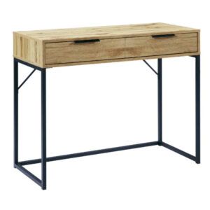 Bali Console Table with a light wood grain finish, two drawers, and a black metal sled frame against a white background.