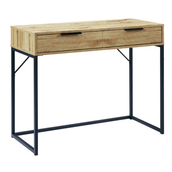 Bali Console Table with a light wood grain finish, two drawers, and a black metal sled frame against a white background.