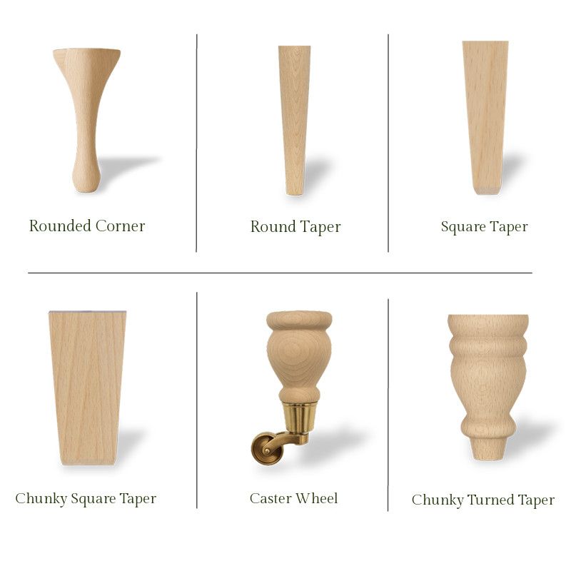 Selection of light wood leg styles for Plain Bench Banquette, including tapered, square, and caster options.