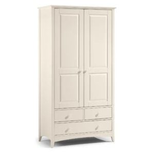 Cream-colored Cameo wardrobe with two tall doors, two top drawers, and one large bottom drawer in a traditional style.