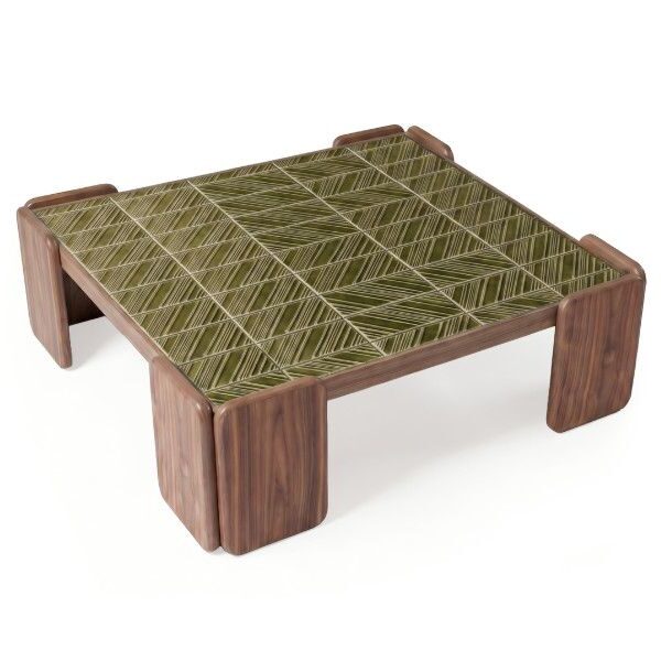 Chess Coffee Table with a wooden frame and green patterned porcelain tile top, viewed from a high angle.