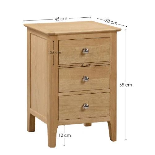 Technical diagram of the Cotswold Bedside cabinet showing height, width, and drawer dimensions in centimeters.