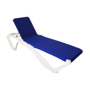 Mimi sun lounger with a white polypropylene frame and blue fabric seat, shown from a high-angle perspective.