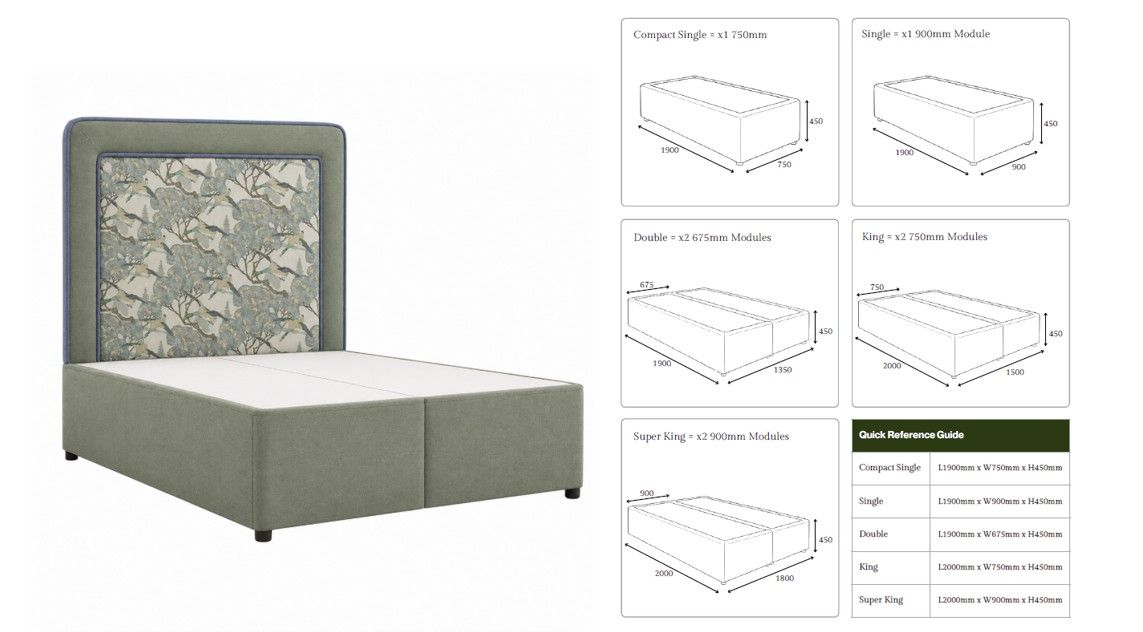 Detailed size guide illustrating dimensions for various hotel bed configurations from compact single to super king.