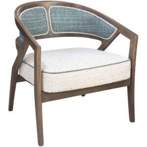 Front-facing view of the Florence lounge chair, showing its light wood frame, teal fabric panels, and cream seat.