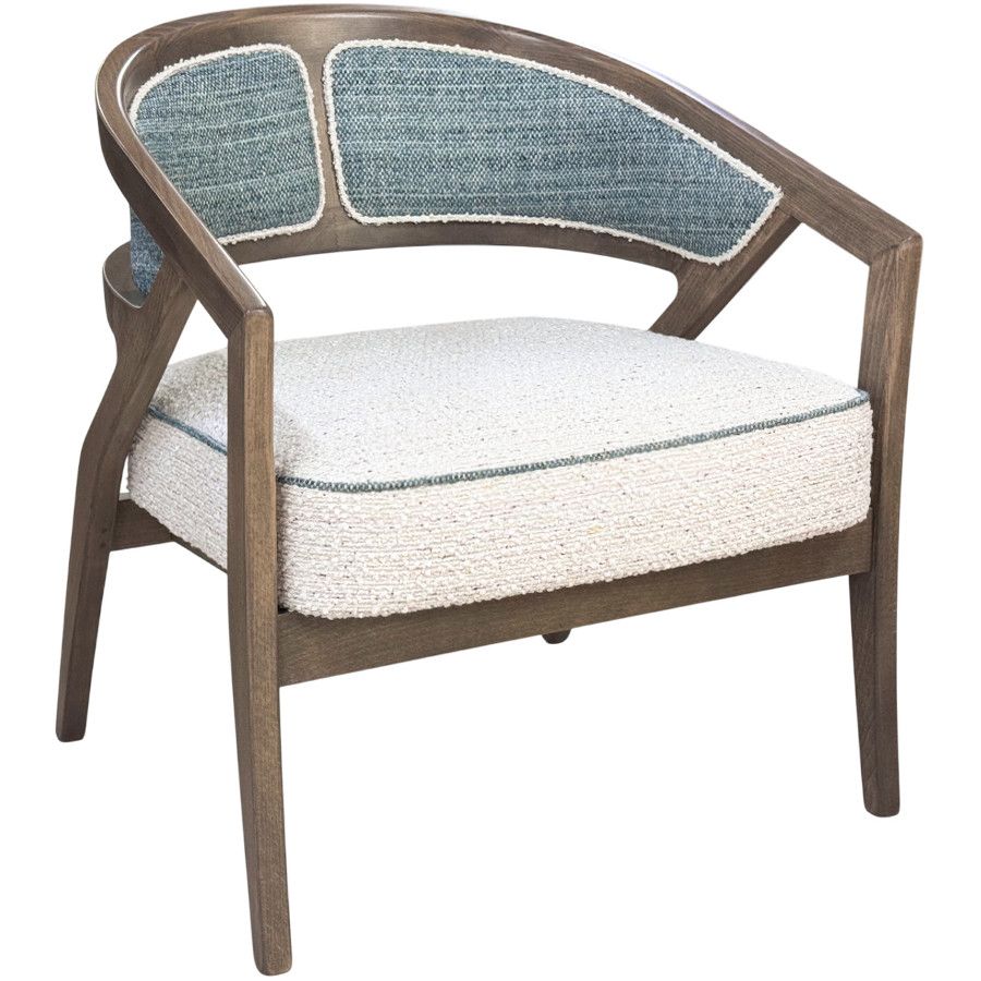 Front-facing view of the Florence lounge chair, showing its light wood frame, teal fabric panels, and cream seat.