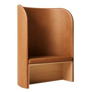 Hive Acoustic Pod in tan leather with a light wood base, shown in a front three-quarter view against a white background.