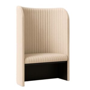 Side angle of a beige Hive Ribbed Acoustic Pod featuring textured channel upholstery and a sleek black wooden base.