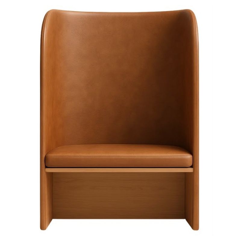 Centered eye-level shot of a tan leather Hive Acoustic Pod featuring a smooth high-back design and wooden base.