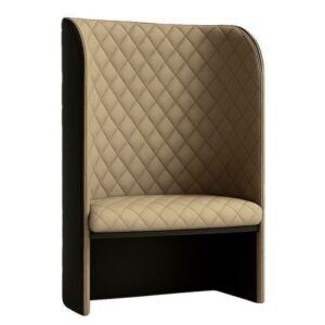 Three-quarter angle of the Hive Diamond Acoustic Pod showcasing its beige quilted interior and sleek dark exterior.