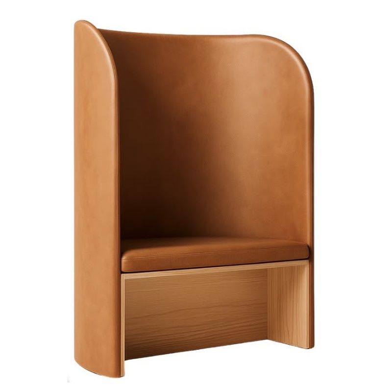 Hive Acoustic Pod in tan leather with a light wood base, shown in a front three-quarter view against a white background.