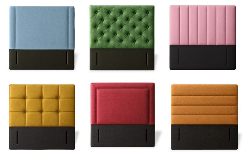 Six distinct hotel headboards showcasing various tufted, panelled, and smooth fabric textures in colorful designs.