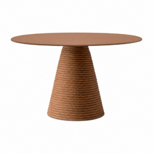 Ikon Twist dining table with a round top and a textured, conical pedestal base in a warm terracotta brown finish.