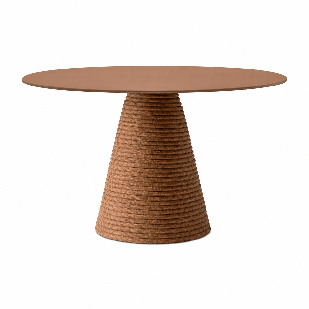 Ikon Twist dining table with a round top and a textured, conical pedestal base in a warm terracotta brown finish.