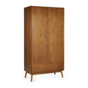 Lowry wardrobe in a warm oak wood finish with two doors, a bottom drawer, and tapered legs, shown from a front angle.