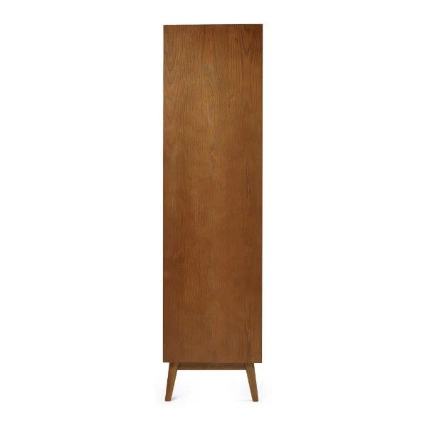 Side profile view of the Lowry wardrobe showing the solid oak wood grain and tapered leg base against a white background.