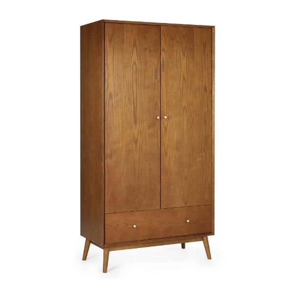 Lowry wardrobe in a warm oak wood finish with two doors, a bottom drawer, and tapered legs, shown from a front angle.
